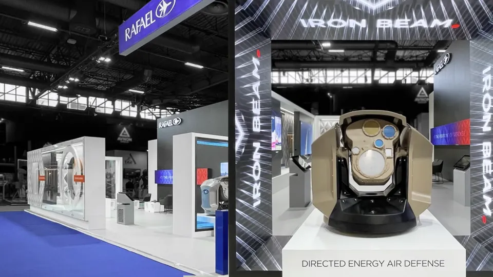 Creative content and motion - The RAFAEL stand and an illuminated Iron Beam display.
