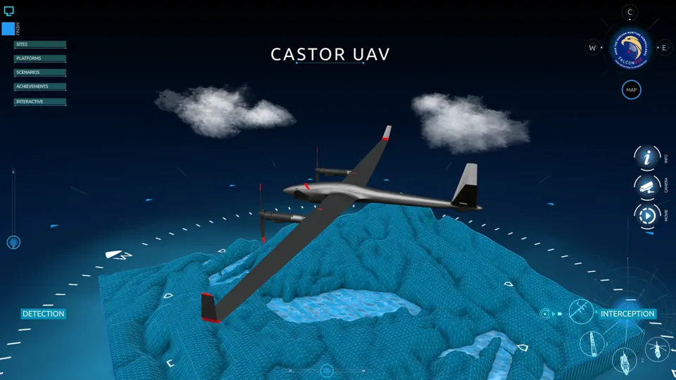 CASTOR UAV interface - An aircraft model above a terrain map with on-screen controls.