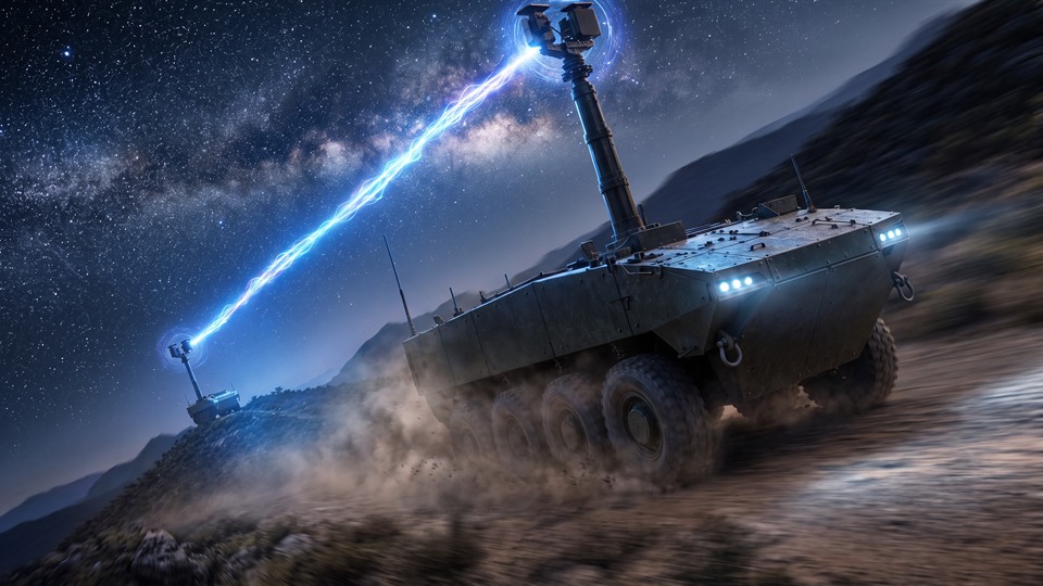 Two armored vehicles linked by blue light beneath a night sky.